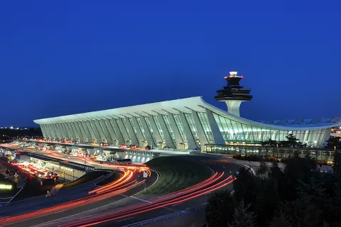 Main Terminal of Washington Dulles International Airport at dusk in Virginia, USA.