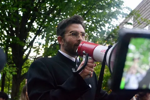 Hasan Piker speaking at a rally for Chris Rabb in Philadelphia, PA on 30 April 2026