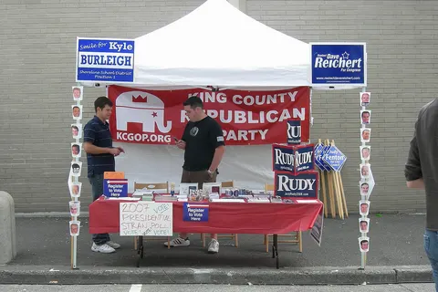 Washington State Republican Party booth at Bumbershoot, a music and arts festival held every Labor Day at Seattle Center, Seattle, Washington.