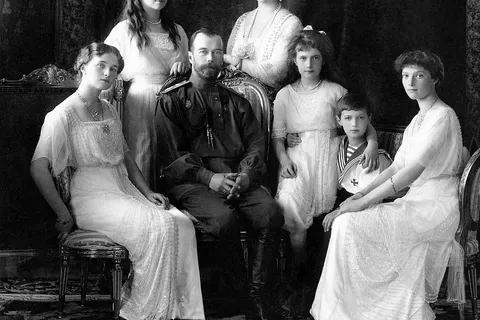 Nicholas II of Russia with the family (left to right): Olga , Maria , Nicholas II, Alexandra Fyodorovna , Anastasia , Alexei , and Tatiana . Livadiya, Crimea , 1913. Portrait by the Levitsky Studio, Livadiya. Today the original photograph is held at the Hermitage Museum, St. Petersburg, Russia.