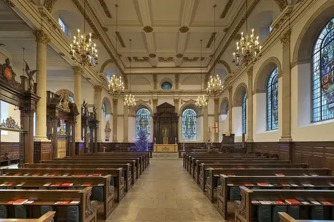A highly resolution, rectilinear, perspective corrected view of the interior of St. Lawrence Jewry in the City of London, UK.