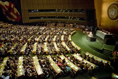 “Mikhail Gorbachev addressing UN General Assembly session”. December 1988. Mikhail Gorbachev, General Secretary of the Soviet Communist Party's Central Committee and Chairman of the Presidium of the USSR Supreme Soviet [Parliament], addressing a UN General Assembly session during his official visit to the United States. The mural rear left is by Fernand Léger.