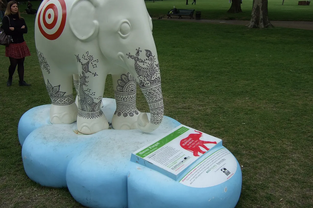 Never Forget, elephant #246 in the Elephant Parade London 2010. This particular artwork was designed by Tom Hallifax and was sat in Green Park. The event as a whole involved 258 elephant statues designed by different artists and located across central London.