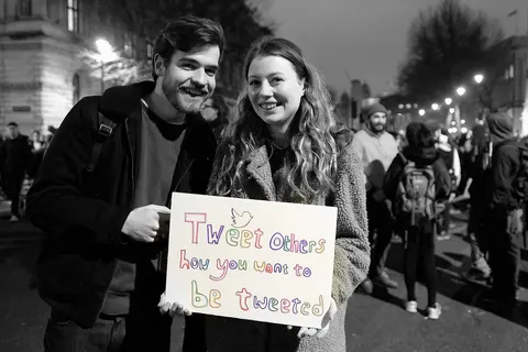 Thousands of protesters armed with placards filled most of Whitehall outside Downing Street. They were rallying to demand that prime minister Theresa May repudiate Donald Trump's shameful blanket entry ban on all Syrian, Iraqi, Somali, Yemeni, Iranian, Sudanese and Libyan nationals for the next 90 days as well as the indefinite ban on all Syrian refugees. Some also demanded that his planned state visit as a guest of the queen be revoked and that the British government also take decisive action to help desparate refugees and ease the conditions within the UK for asylum seekers. An estimated ten thousand gathered outside Downing Street including human rights activist Peter Tatchel, former England striker Gary Lineker and singer Lily Allen. Among the most frequent chants heard were "May shame on you", "dump Trump", "build bridges not walls" and "refugees are welcome here". Protesters pointed out that all the countries effected were Muslim majority nations and yet none of the countries targeted had any nationals implicated in any recent terrorist attack within the United States. Ironically it is US foreign policy in the Middle East, including years of bombing and support for regional dictators that is one of the main causes of the current refugee crisis.
