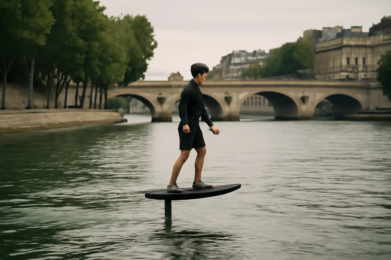 Grounded editorial scene illustrating Electric e-foil boards are giving water sports enthusiasts in Paris the thrill of gliding just above the Seine's surface.