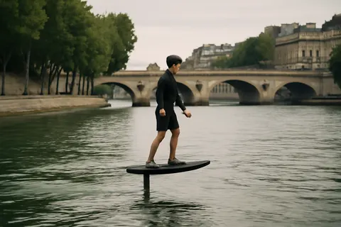 Grounded editorial scene illustrating Electric e-foil boards are giving water sports enthusiasts in Paris the thrill of gliding just above the Seine's surface.