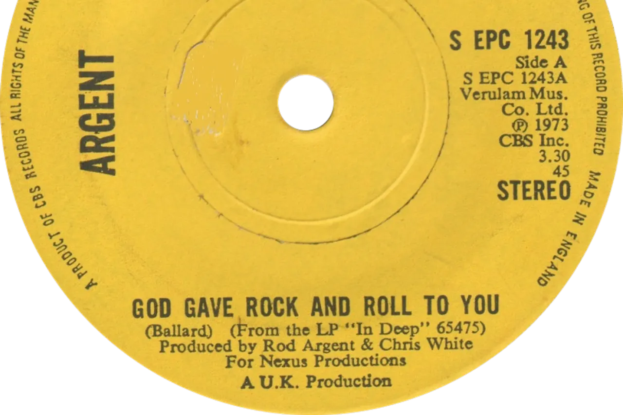 "God Gave Rock and Roll to You" by Argent. Yellow side-A label of the UK single release (cat. #S EPC 1243). Contains 1970s Epic Records logo.