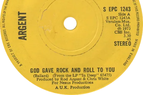 "God Gave Rock and Roll to You" by Argent. Yellow side-A label of the UK single release (cat. #S EPC 1243). Contains 1970s Epic Records logo.
