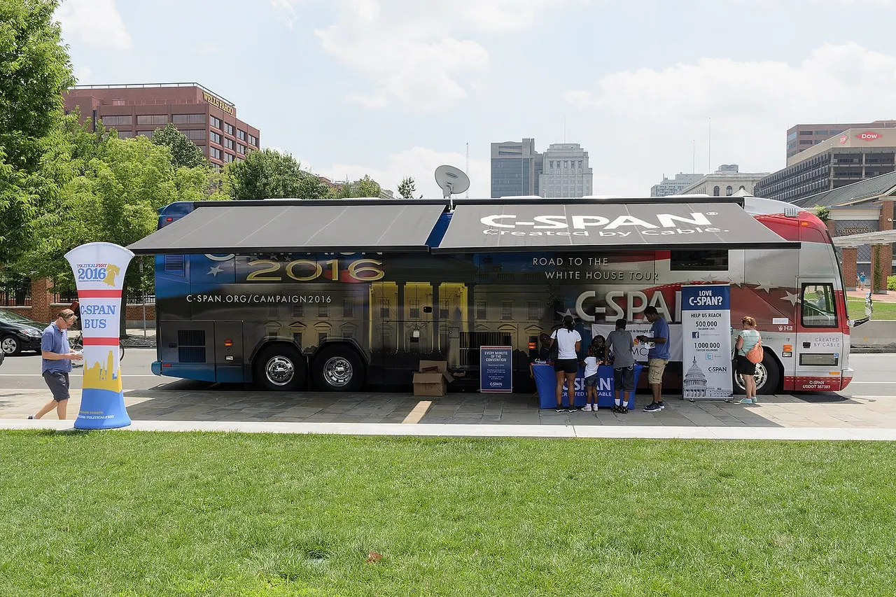 C-SPAN Bus parked in front of the National Constitution Center as part of PoliticalFest, an event celebrating the 2016 Democratic National Convention in Philadelphia .