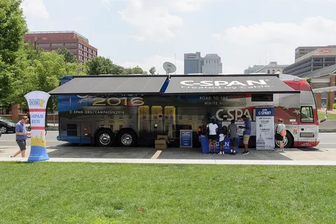 C-SPAN Bus parked in front of the National Constitution Center as part of PoliticalFest, an event celebrating the 2016 Democratic National Convention in Philadelphia .
