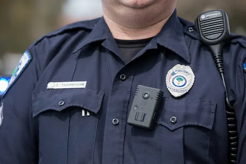 Policeman with body-worn videocamera (body-cam) in North Charleston (South Carolina, USA)
