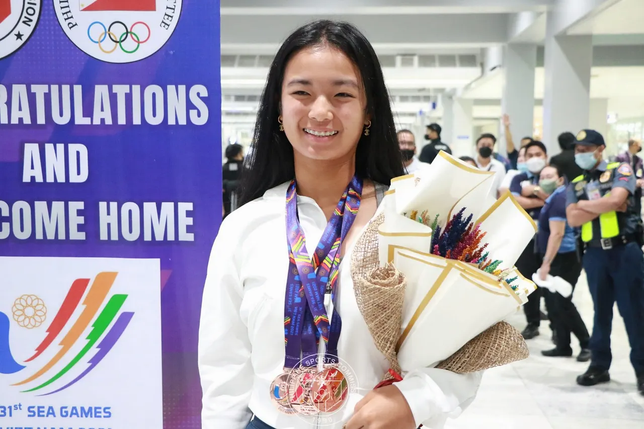 Filipino tennis player Alex Eala arrives in Manila from the 2021 Southeast Asian Games in Hanoi , Vietnam, on May 23, 2022, where she won three bronze medals in the competition's tennis tournaments .