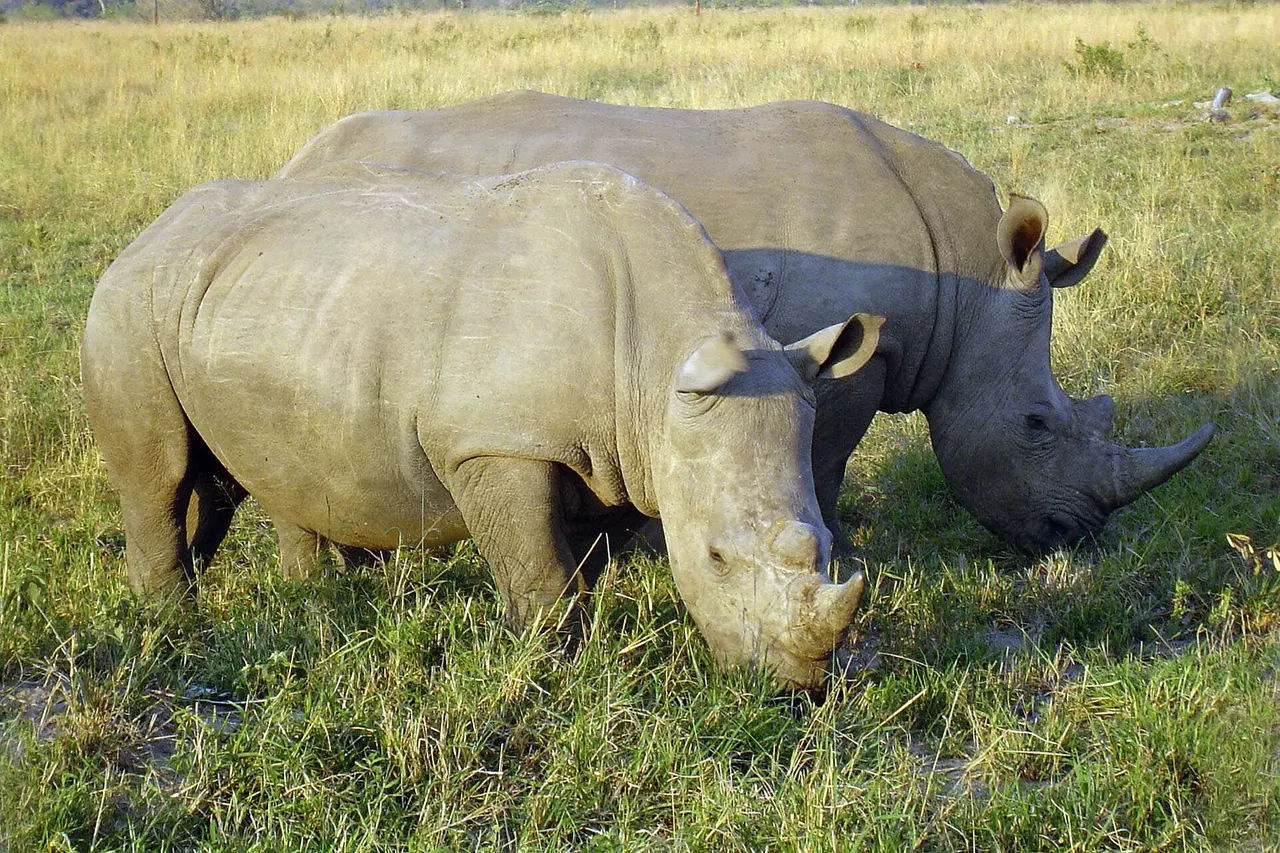 A photo taken of Rhinoceros eating in a national park in South Africa.