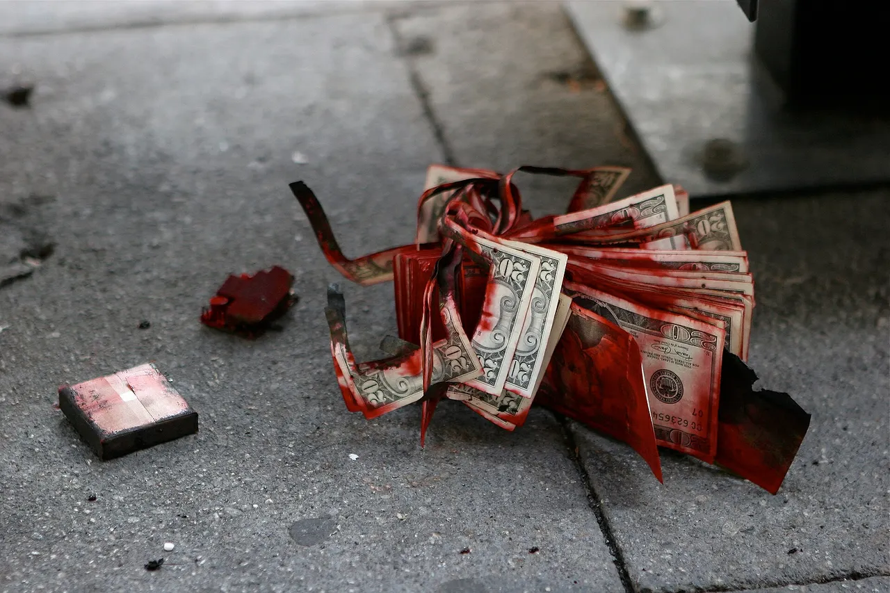 Aftermath of a Bank of America robbery. The dye pack exploded and the stack of 20s were abandoned on the sidewalk. Bank of America 888 W 7th St Los Angeles, CA 90012