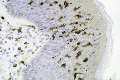 Section of skin showing large numbers of dendritic (Langerhans) cells in the epidermis. Mycobacterium ulcerans infection, S100 immunoperoxidase stain.