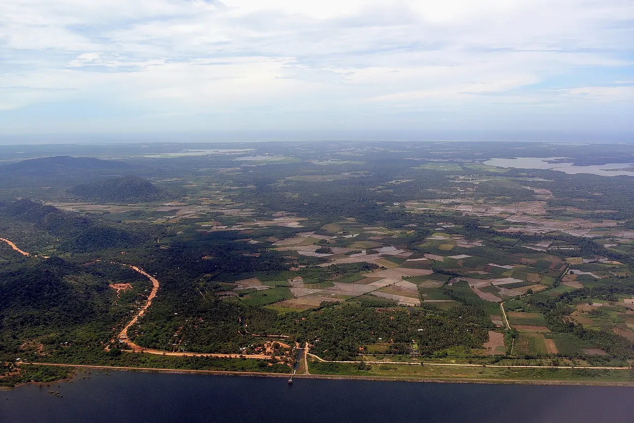 Aerial view of the Ridiyagama Dam and Southern Province in Sri Lanka, from above Ridiyagama towards southeast.