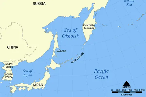 This is a map showing the location of the Sea of Okhotsk , with nation states listed. The sea is bordered by Russia and Japan. It also shows parts of the countries and territories that make up the region of Northeast Asia.