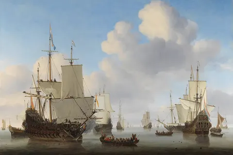 Dutch men-o'-war and other shipping in a calm by Willem van de Velde II (Baptized December 18, 1633).