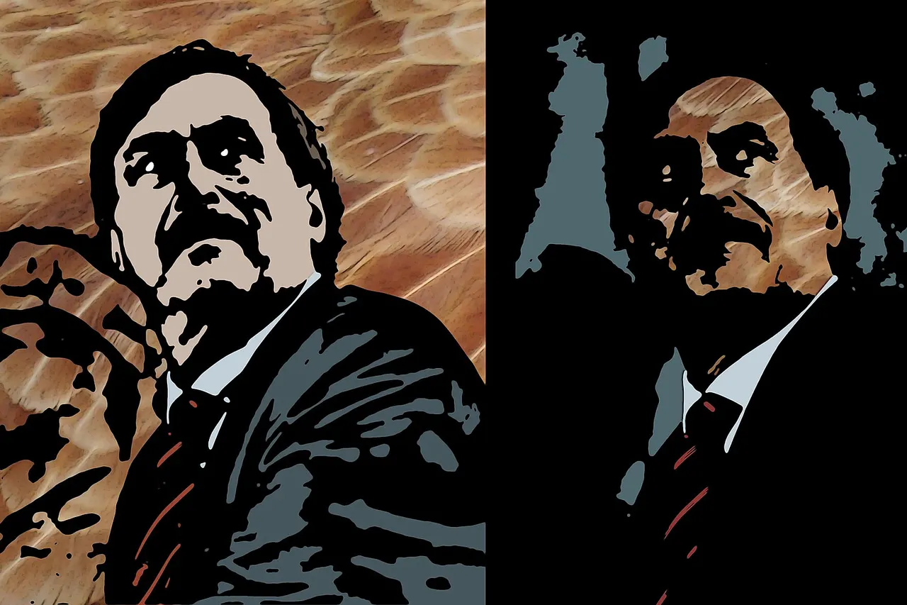 Mike Lindell, textured with hen feathers. Screen print/stencil style. Source photos: File:Mike_Lindell_(50042564066).jpg File:"Hen_Feathers".JPG