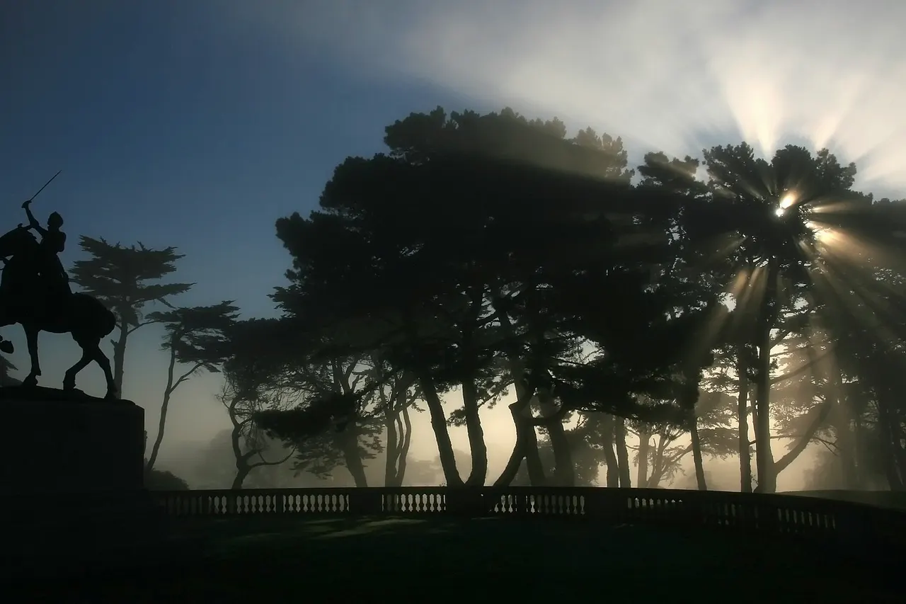 Joan of Arc on horseback, triumphantly raising her sword to the heavens and crepuscular rays at San Francisco's Palace of the Legion of Honor