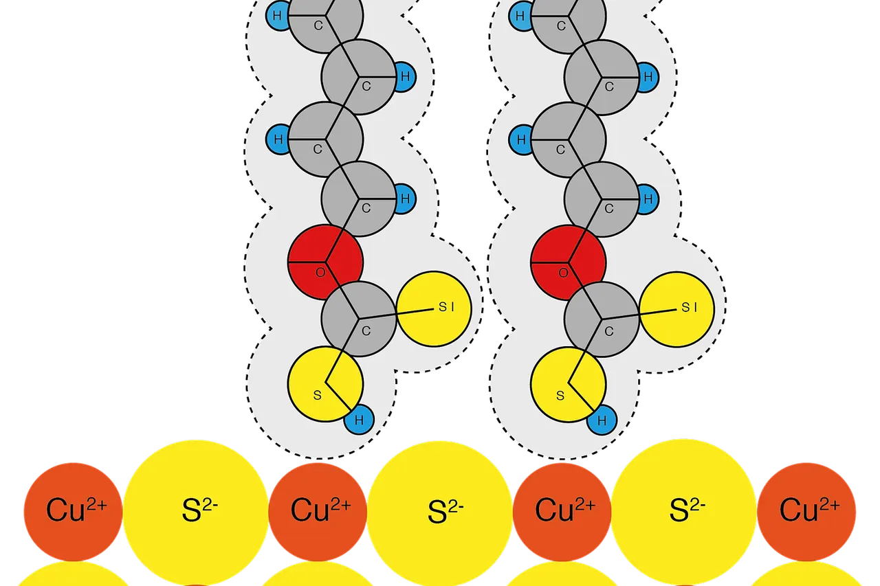 Vereinfachte Darstellung der Bindung von Xanthogensäurepentylester an Kupferkies. Je ein Wasserstoffatom liegt, an Kohlenstoff gebunden, hinter der Zeichenebene. (Nach Hagihara, 1952)