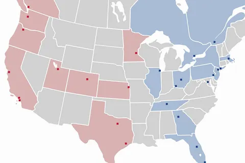 Locations of all Major League Soccer teams for the 2020 season, adding Nashville, Miami, and a second LA dot.