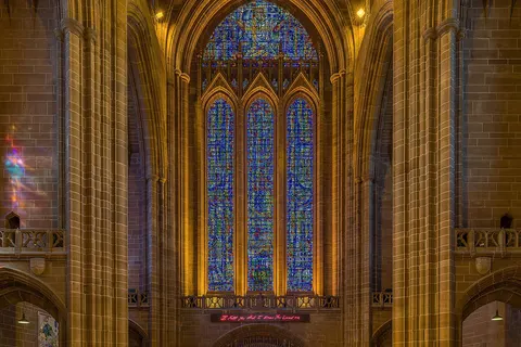 The west window of Liverpool Anglican Cathedral in Liverpool, England.