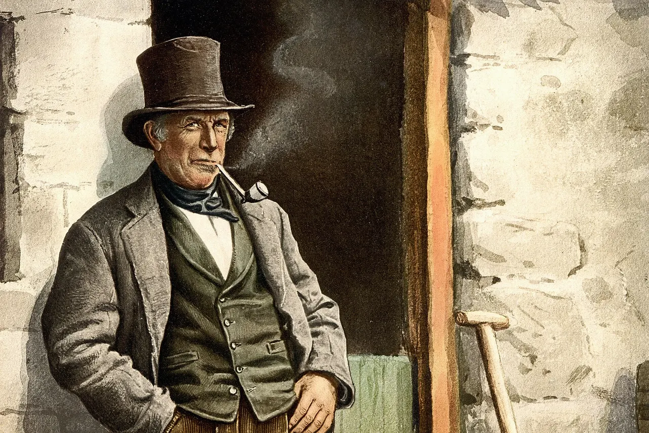 Male Irish peasant farmer, standing in doorway, smoking a pipe. photochrom, color.
