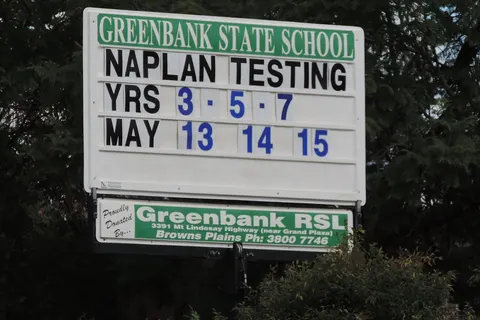 Sign announcing NAPLAN tests, Greenbank State School, 2014