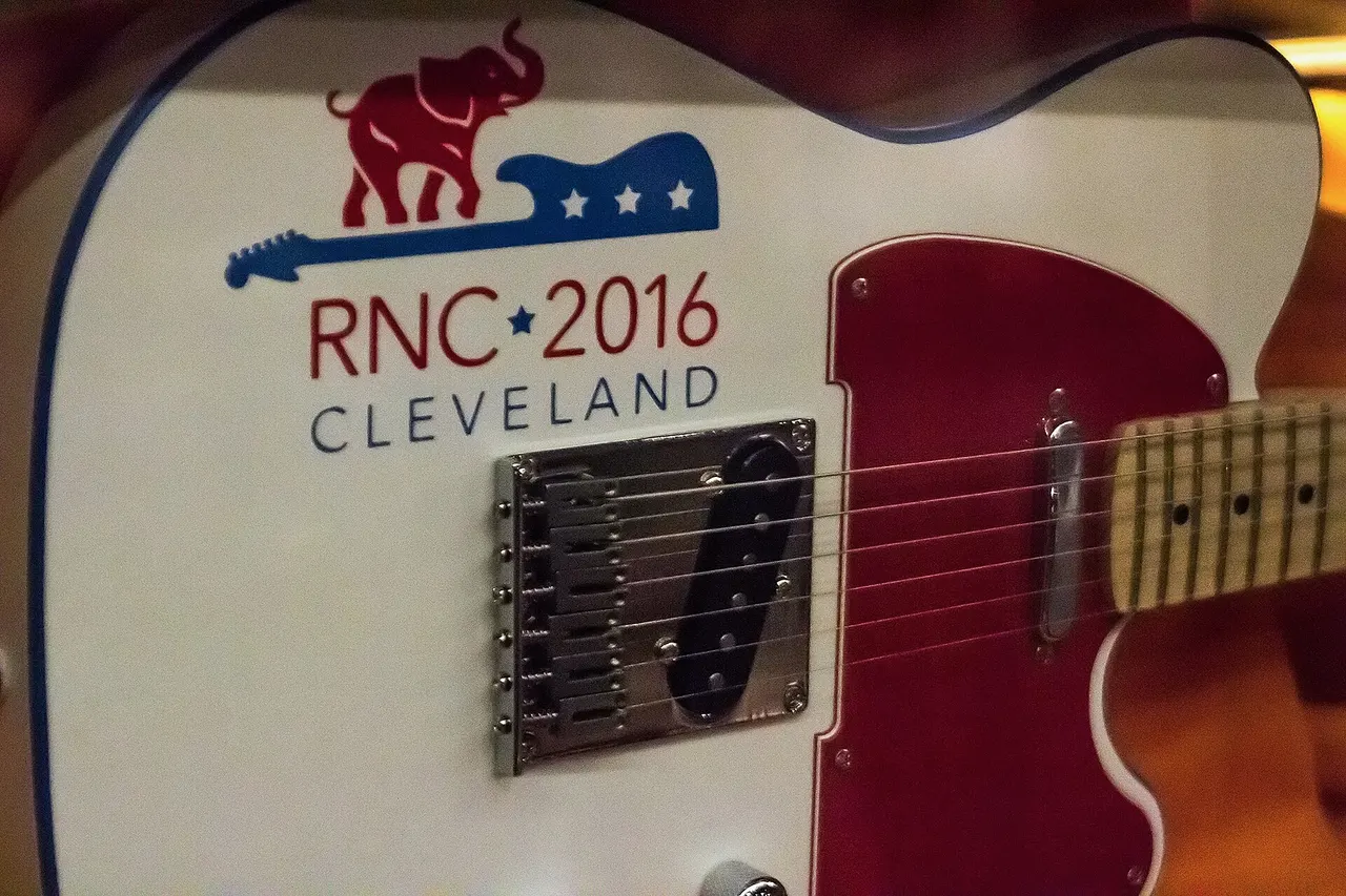 A six-stringed electric guitar branded as being from the Republican National Convention of 2016. This was on display in the Ohio History Center in an exhibit on the history of Ohio.