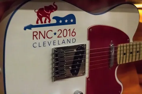 A six-stringed electric guitar branded as being from the Republican National Convention of 2016. This was on display in the Ohio History Center in an exhibit on the history of Ohio.