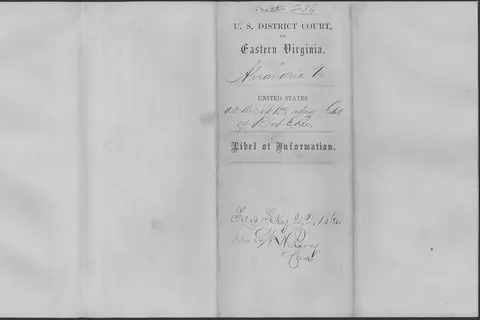 Scope and content: Pursuant to the Confiscation Act of 1862, provision was made to seize and confiscate the property of persons engaged in armed rebellion against the United States. This "libel of information" is an accusation brought by U.S. Attorney Lucius Henry Chandler against Robert E. Lee, claiming the property described ("the Arlington House Estate") has been forfeited to the United States and ought to be condemned to their use. Attached to the libel is a second copy of the inventory of Lee's personal property at Arlington House. General notes: The Robert E. Lee Confiscation Case was originally docketed as Case 85. Prior to transfer to the National Archives the cases were rearranged alphabetically and the Robert E. Lee Case renumbered as Case 236. Researchers may see annotations for both numbers on various documents, but the original case is retrieved using Case 236.