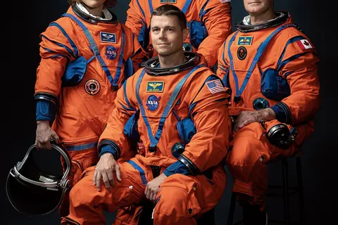 LOCATION: Bldg. 8, Room 183 - Photo Studio. SUBJECT: Official crew portrait for Artemis II, clockwise from left: NASA Astronauts Christina Koch, Victor Glover, Canadian Space Agency Astronaut Jeremy Hansen, NASA Astronaut Reid Wiseman. PHOTOGRAPHER: Josh Valcarcel