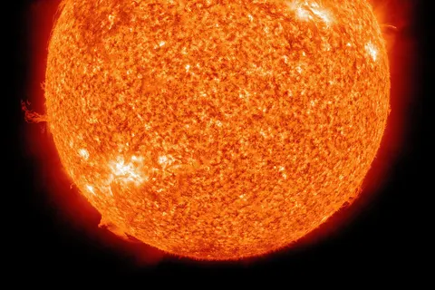 The Sun photographed at 304 angstroms by the Atmospheric Imaging Assembly (AIA 304) of NASA 's Solar Dynamics Observatory (SDO). This is a false-color image of the Sun observed in the extreme ultraviolet region of the spectrum.