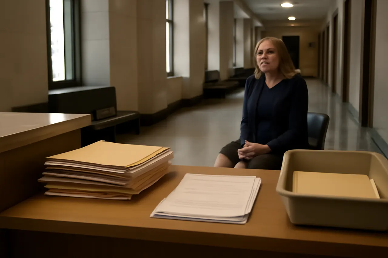 Quiet courthouse or legal-work setting with documents and civic architecture.