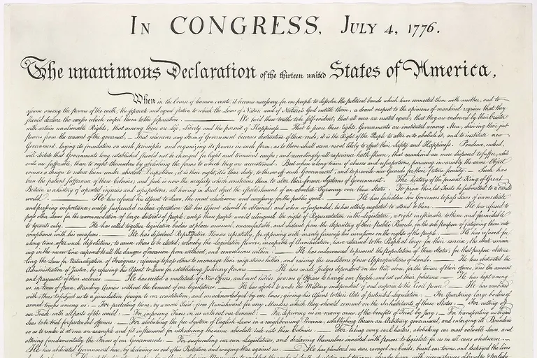 This is a high-resolution image of the United States Declaration of Independence ( article - text ). This image is a version of the 1823 William Stone facsimile — Stone may well have used a wet pressing process (that removed ink from the original document onto a contact sheet for the purpose of making the engraving).