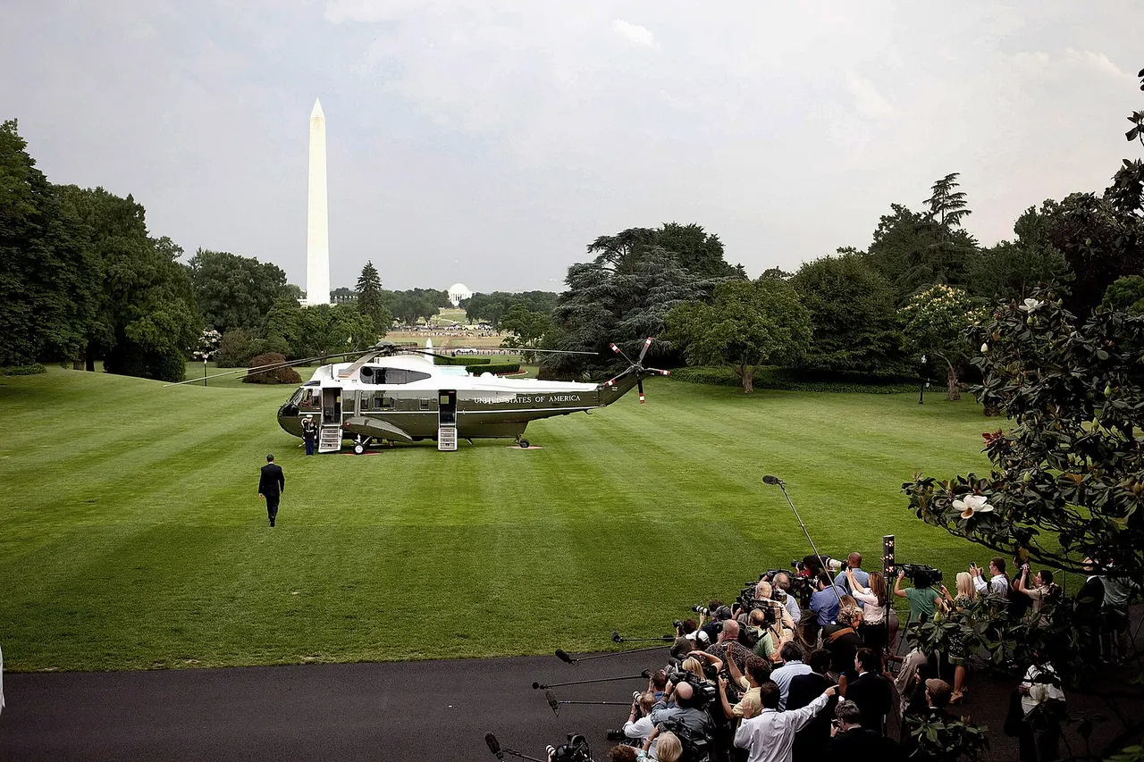 President Barack Obama boards Marine One on the South Lawn on the White House en route to Dulles International Airport , outside Washington, D.C., where he will board Air Force One for the flight to the Middle East and Europe, June 2, 2009. Air Force One departed from Dulles instead of Andrews Air Force Base as it needed a longer runway because of the fuel load required to make the trip non-stop to King Khalid International Airport in Riyadh, Saudi Arabia.