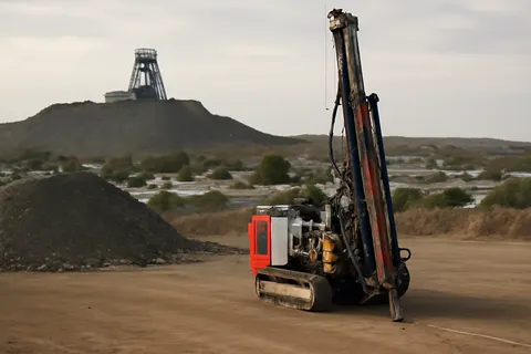 Industrial port worker overlooking bulk-material handling equipment and a cargo vessel.