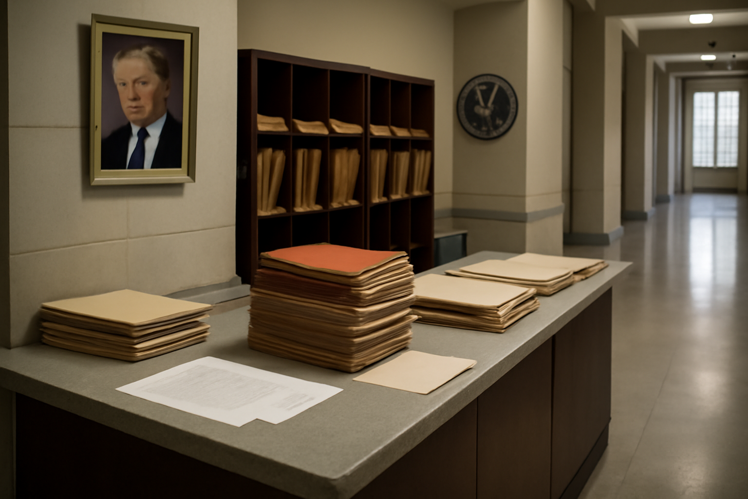 Quiet courthouse or legal-work setting with documents and civic architecture.