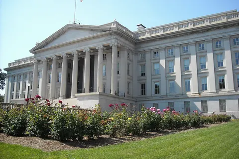 Rear view of the Treasury Department building in Washington, D.C. The building is a National Historic Landmark.