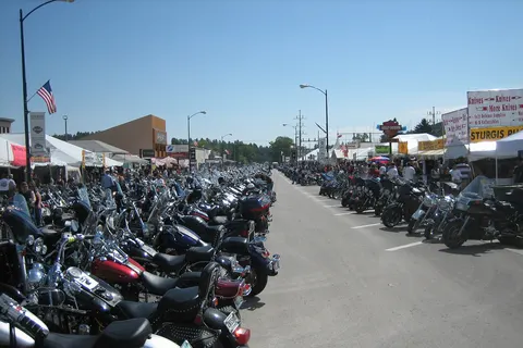 Bikes lined up on Main Street during Bike Week, Sturgis, South Dakota