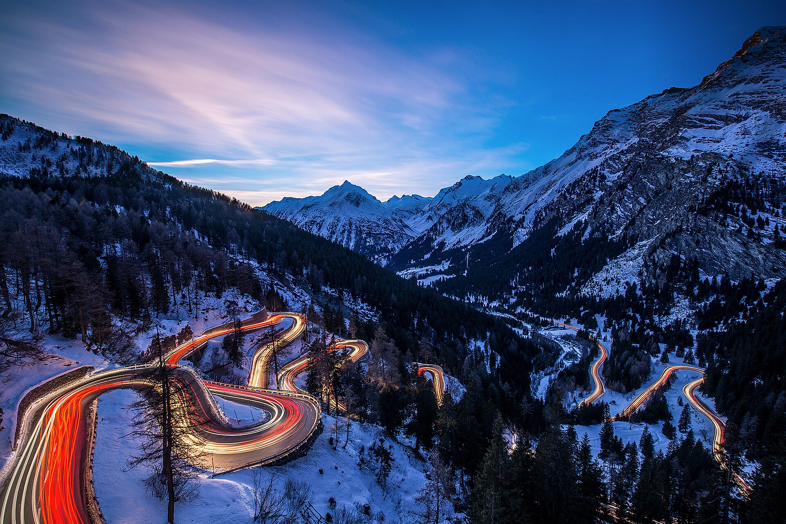 Maloja Pass in the blue hour .