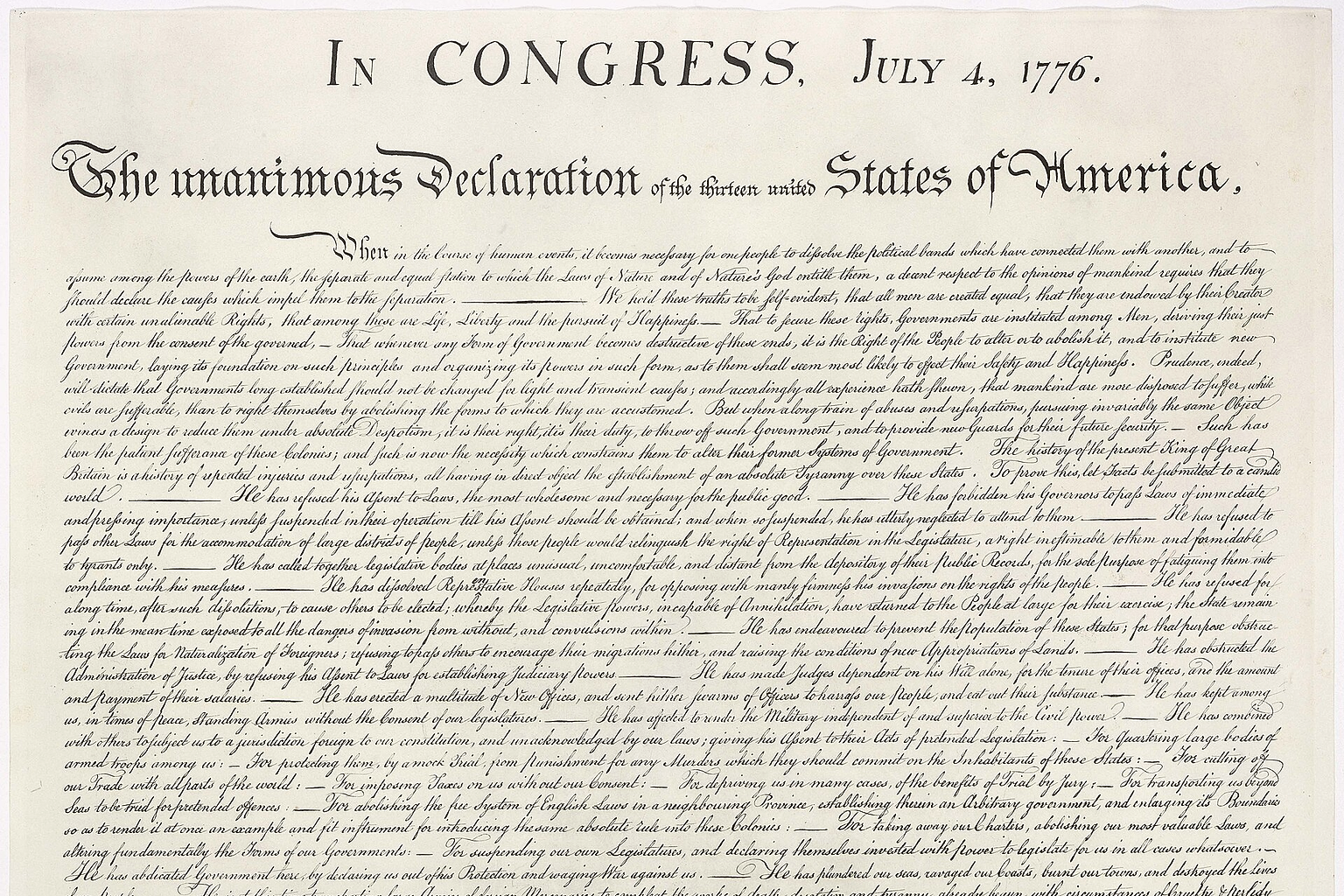 This is a high-resolution image of the United States Declaration of Independence ( article - text ). This image is a version of the 1823 William Stone facsimile — Stone may well have used a wet pressing process (that removed ink from the original document onto a contact sheet for the purpose of making the engraving).