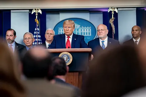 President Donald J. Trump, joined by Vice President Mike Pence, takes questions from reporters during a Coronavirus Task Force update Saturday, Feb. 29, 2020, in the James S. Brady Press Briefing Room of the White House. (Official White House Photo D. Myles Cullen)