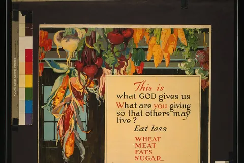 Title: This is what God gives us - what are you giving so that others may live? Abstract: Poster showing a bounty of fall fruits and vegetables. Physical description: 1 print (poster) : lithograph, color ; 73 x 53 cm. Notes: No. 17.; United States Food Administration.; A. Hendee.