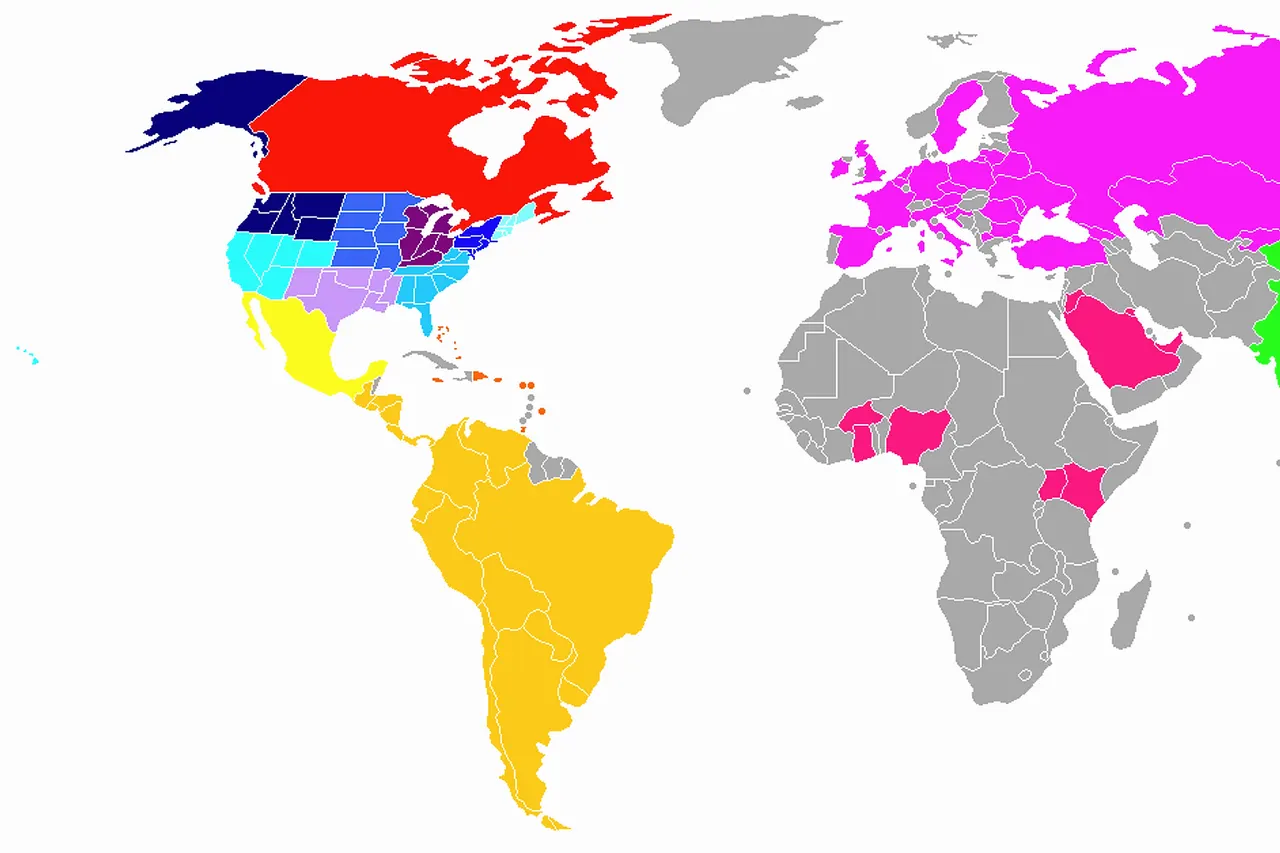 Map of the world divided into regions as established by Little League Baseball. Note: Only the Little League World Series uses all 16 regions. Other tournaments group their regions as in the table below (as per the 2007 tournaments).