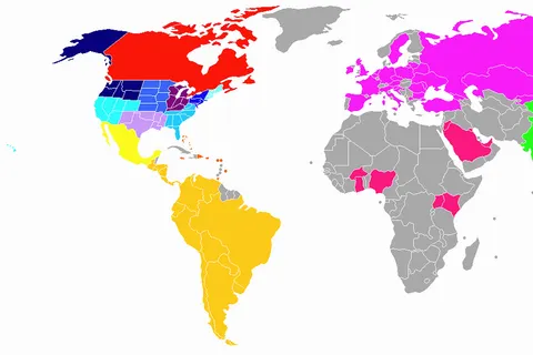 Map of the world divided into regions as established by Little League Baseball. Note: Only the Little League World Series uses all 16 regions. Other tournaments group their regions as in the table below (as per the 2007 tournaments).