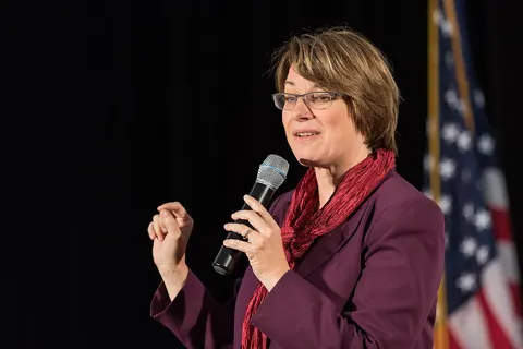 Senator Amy Klobuchar speaking in Minneapolis at a Hillary for MN rally at Plaza Verde