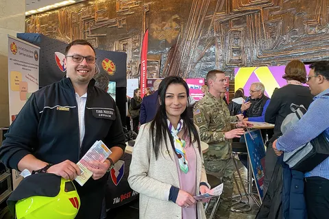 NUREMBERG, Germany (March 29, 2023) - U.S. Army Garrison Ansbach Workforce Development Program team members, Patrick Noll, Assistant Chief Operations, Ansbach Fire Station, Paulina Bradley, Apprentice Trainer, and Sgt. 1st Class James Brynes, Operations Specialist at the Jobmesse Nürnberg, 29 March. Representatives from USAG Ansbach were at the job fair to promote the more than 40 host nation positions currently vacant within garrison Ansbach.