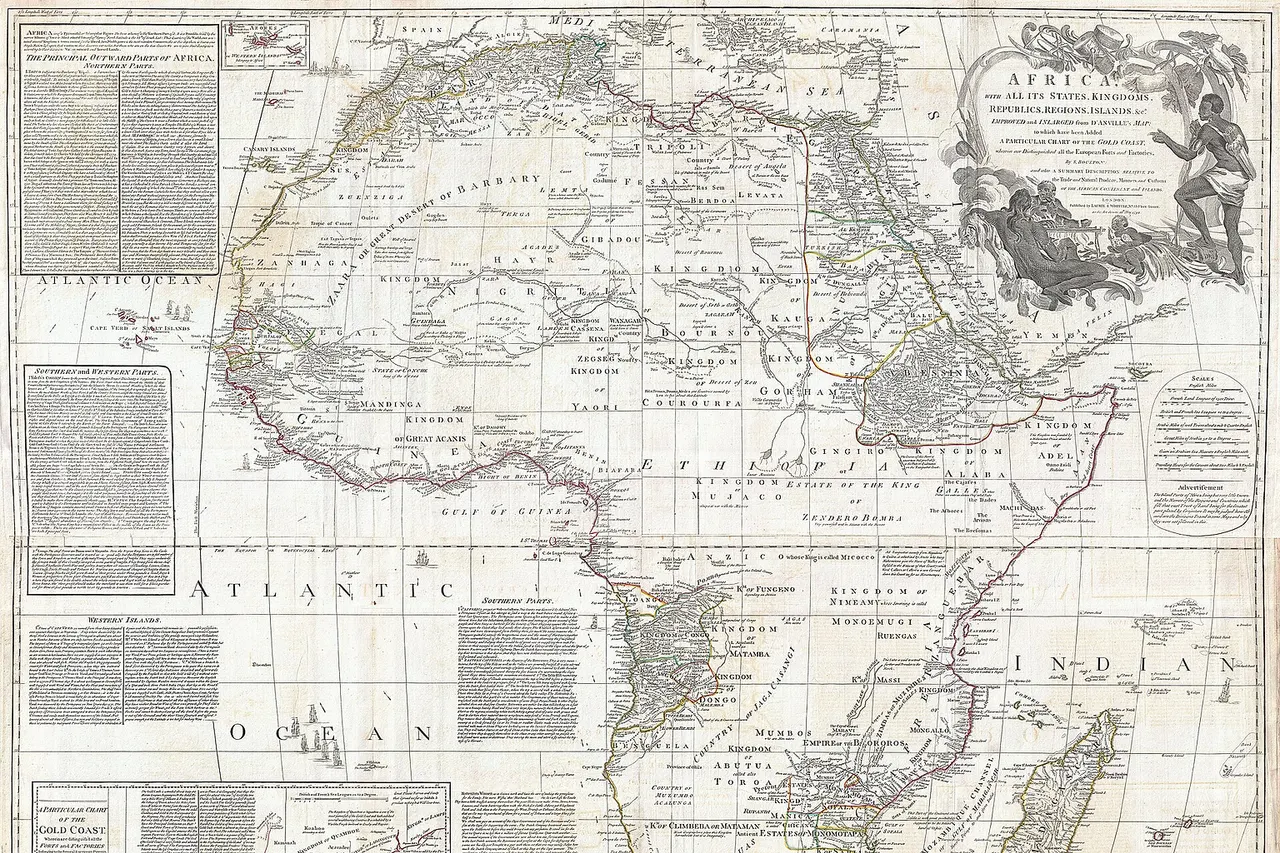 This is probably the most important map of Africa produced in the 18th century. Largely based upon the earlier D’Anville map, this map has been enlarged and expanded by Samuel Boulton. Depicts the continent in full with insets of the Gold Coast (or Ivory Coast , or Guinea ). This map is unique in that it is a serious attempt to compile all of the accurate scientific knowledge of the African continent available at the time. In contrast to many other Africa maps of the period there's almost no attempt to fill the “unknown” regions of the interior with fictitious beasts, kingdoms, and geological features. Boulton himself advertises “The inland parts of Africa being but very little known and the names of the regions and countries which fill that vast tract of land being for the greatest part placed by conjecture it may be judged how absurd are the divisions traced in some maps and why they are not followed in this.“ Despite this, this map actually does provide a wealth of information both in the form of a gazetteer printed in framed text boxes here and there on the map, as well as political and geographical features. This map bears up to almost endless perusal and volumes could be composed on its content. The cartographer attempts to depict both known and unknown parts of the continent with actual data reported by both contemporary and ancient travelers. In most cases it is extremely difficult to identify specific sources as much of the data is vague and uncertain. Boulton for example notes a community of Jews near what would today be Mali . Though a very small community of Jewish traders did live in Mali in the 15th century, most had been killed or converted to Islam by the 16th century. No doubt Boulton's sources here were extremely archaic. Boulton also relies heavily on the geography of Claudius Ptolemy , noting this source in numerous notations which range from commentary on local peoples to the courses of important river systems. Clearly much of the map is focused on commerce and where information is available, Boulton makes notes on local commercial products and mineral wealth. There are also copious notations on caravan routes, especially those routes which were known to offer caravan transverse of the Sahara. Generally following Ptolemy, Boulton includes a number of mysterious river systems which seem to appear out of nowhere and run to nowhere. With regard to the White Nile , which he presumes correctly to be greater than the Blue Nile , he follows the ancient two lakes at the base of the Mountains of the Moon theory . In the southern half of Africa there is considerably less information on the interior save for those lands mapped by the Portuguese along the Congo and Zambezi Rivers. The regions around the Zambezi, called Monomotapa , are particularly interesting as many considered this area to be the Biblical land of Ophir , where one could discover the mines of King Solomon . Just north of Monomotapa we find an embryonic representation of Lake Malawi , here called Maravi. In South Africa the Dutch Company is strongly established and the region is well mapped well into the interior.